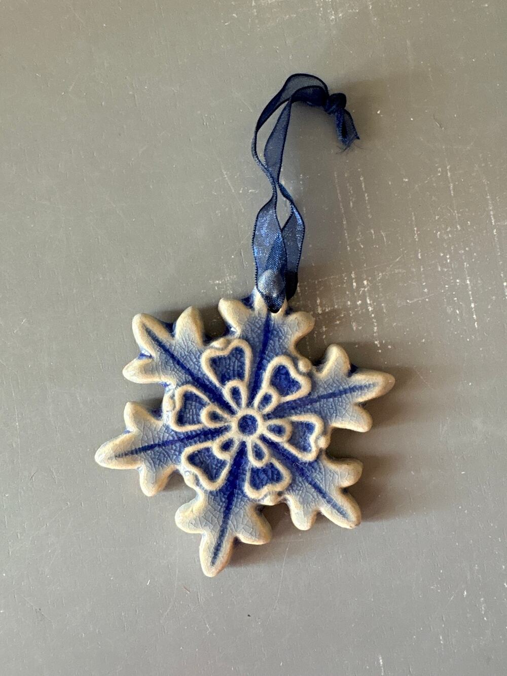 Blue & White Ceramic Snowflake Christmas Ornament Crackle Glaze 4” Handmade